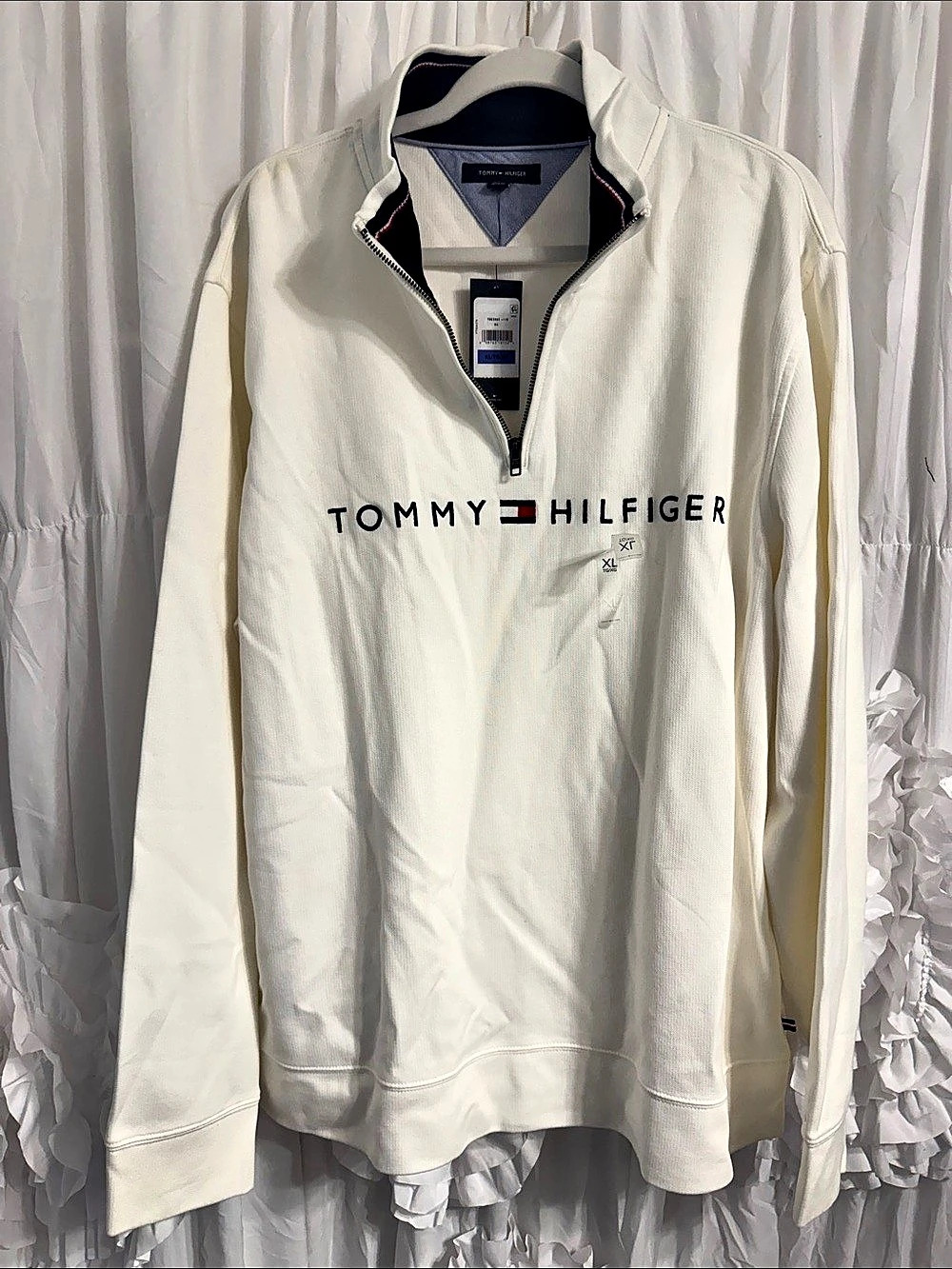 Tommy Hilfiger Long Sleeve Fleece Quarter Zip Pullover Sweatshirt White & Blue